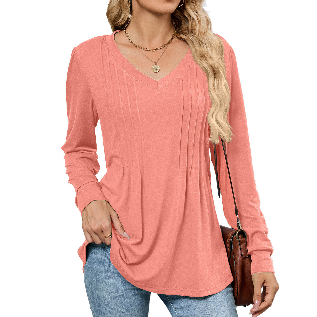 Emelina™ | Pleated V-Neck Long Sleeve Top