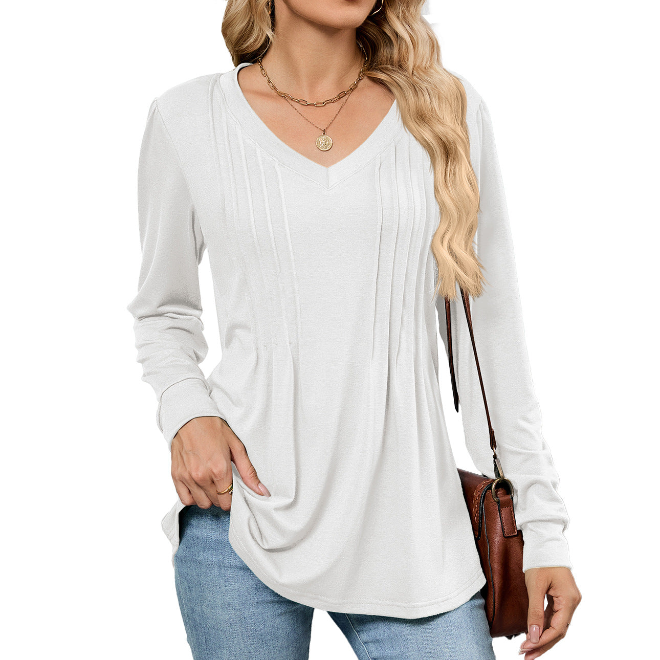 Emelina™ | Pleated V-Neck Long Sleeve Top